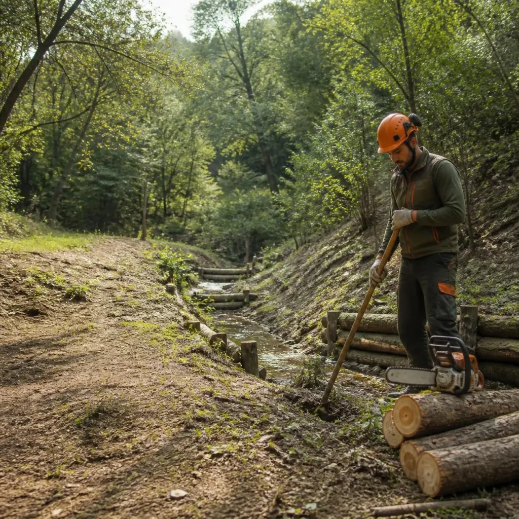 Immagino per corso idraulico forestale che mostra un operatore al lavoro